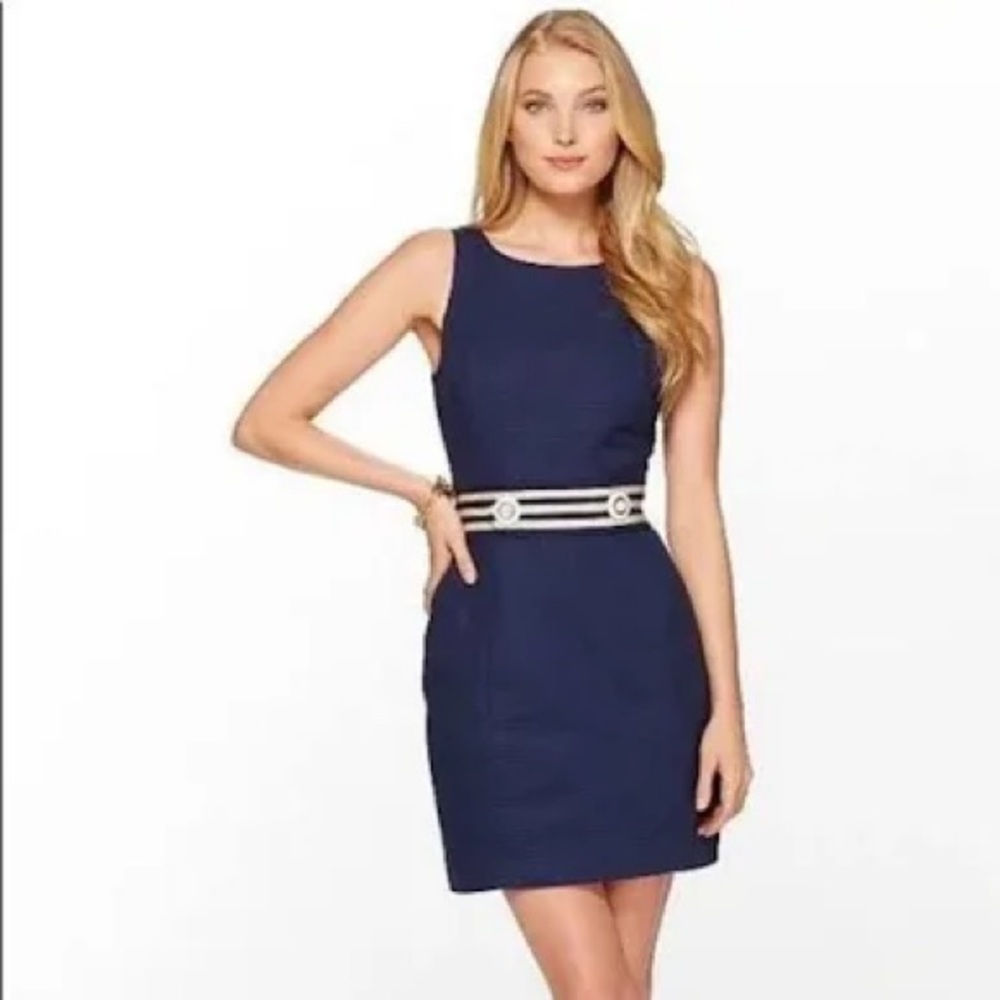 Lilly Pulitzer Kirkland Sleeveless Nautical Sheath Dress in Navy with Gold